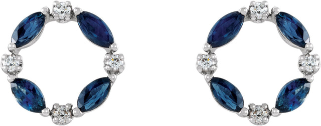 14K Gold Marquise Natural Blue Sapphire & Natural Diamond Accented Circle Earrings – 4x2mm - White Gold - view 2