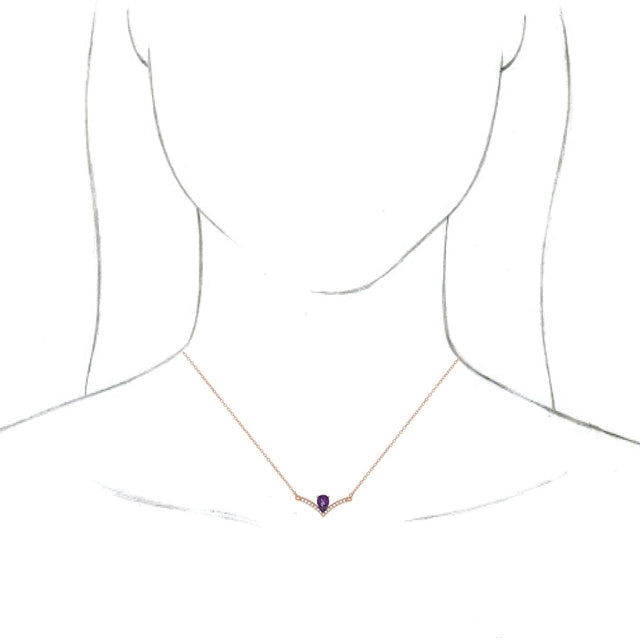 14K Gold Pear Natural Amethyst Accented V Necklace - Rose Gold - view 6
