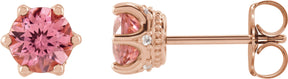 14K Gold Natural Pink Tourmaline & Natural Diamond Round 6-Prong Accented Crown Stud Earrings - Rose Gold