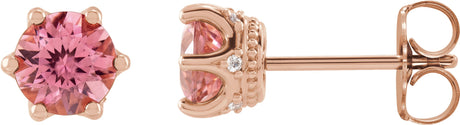 14K Gold Natural Pink Tourmaline & Natural Diamond Round 6-Prong Accented Crown Stud Earrings - Rose Gold