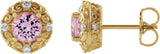 14K Gold Natural Pink Tourmaline & Natural Diamond Round 4-Prong Halo-Style Earrings – 4-6mm Stones - Yellow Gold
