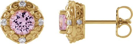 14K Gold Natural Pink Tourmaline & Natural Diamond Round 4-Prong Halo-Style Earrings – 4-6mm Stones - Yellow Gold
