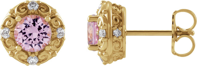 14K Gold Natural Pink Tourmaline & Natural Diamond Round 4-Prong Halo-Style Earrings – 4-6mm Stones - Yellow Gold