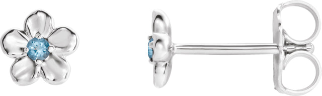 14K Gold Round Aquamarine Youth Flower Earrings - White Gold