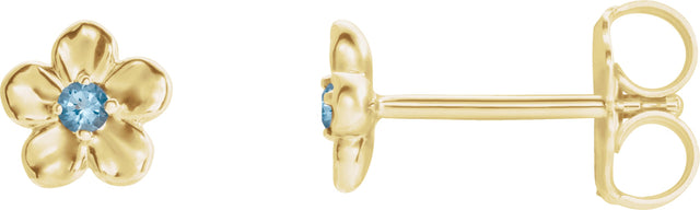 14K Gold Round Aquamarine Youth Flower Earrings - Yellow Gold