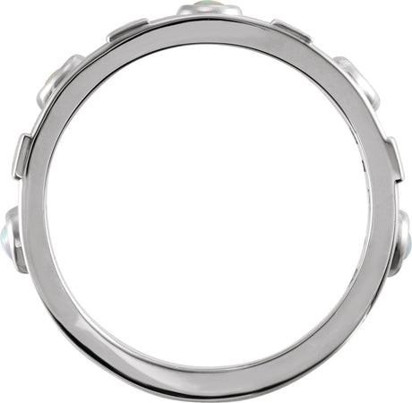 Platinum Round Natural White Opal & Natural Diamond Accented Bezel-Set Cabochon Ring - view 2