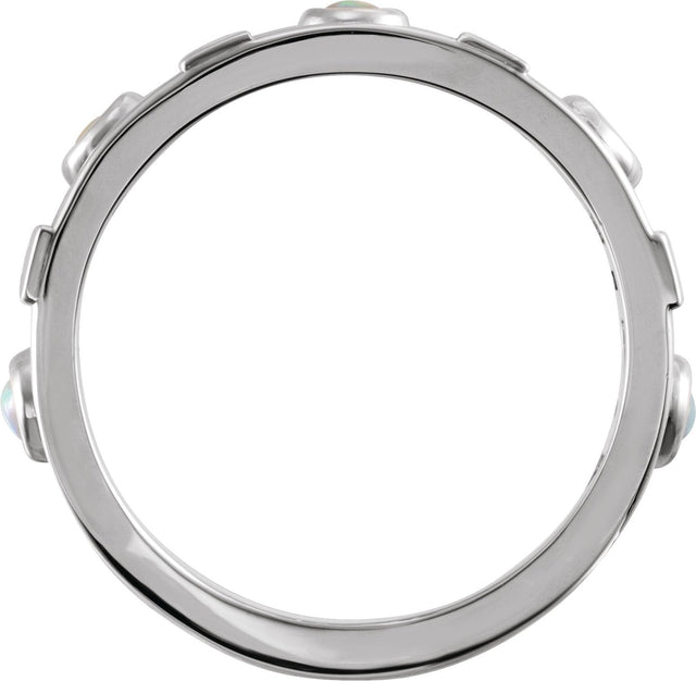 Platinum Round Natural White Opal & Natural Diamond Accented Bezel-Set Cabochon Ring - view 2