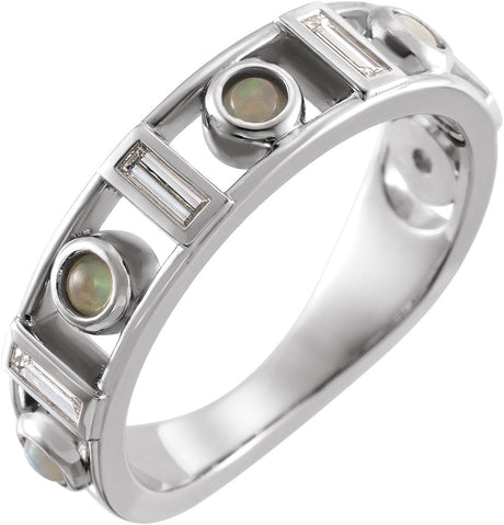 14K Gold Round Natural White Opal & Natural Diamond Accented Bezel-Set Cabochon Ring - White Gold