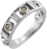 Platinum Round Natural White Opal & Natural Diamond Accented Bezel-Set Cabochon Ring