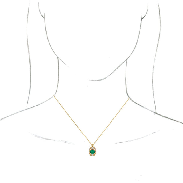 14K Gold Oval Natural Emerald Halo-Style Necklace or Pendant - Yellow Gold - view 6