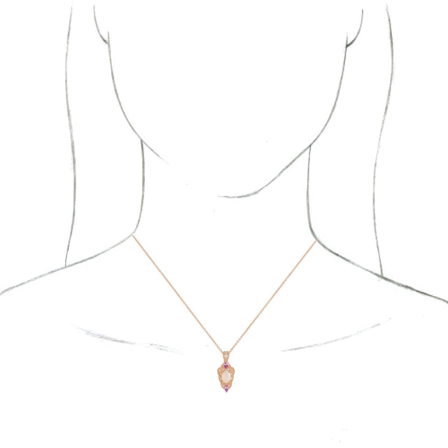 14K Gold Oval Natural White Opal & Natural Pink Sapphire & Natural Diamond Vintage-Inspired Necklace or Pendant - Rose Gold - view 3