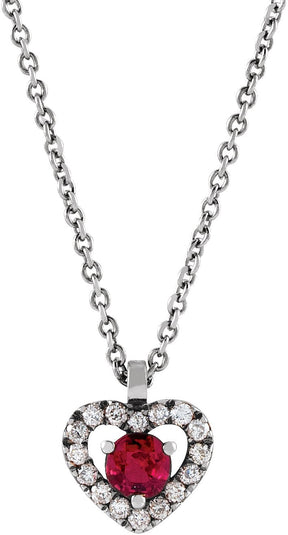 14K Gold Round Natural Ruby & Natural Diamond Accented Heart Necklace - White Gold