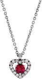 14K Gold Round Natural Ruby & Natural Diamond Accented Heart Necklace - White Gold