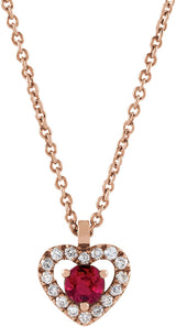 14K Gold Round Natural Ruby & Natural Diamond Accented Heart Necklace - Rose Gold