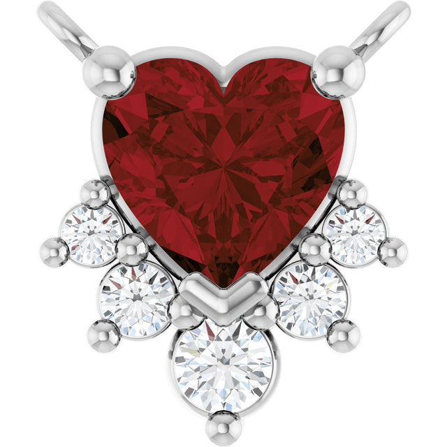 14K Gold Natural Mozambique Garnet & Natural Diamond Accented Heart Necklace - White Gold