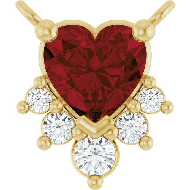 14K Gold Natural Mozambique Garnet & Natural Diamond Accented Heart Necklace - Yellow Gold