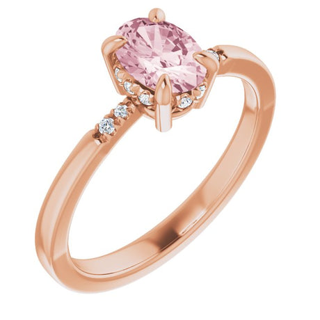 14K Gold Oval Natural Pink Morganite & Natural Diamond Accented French-Set Ring - Rose Gold