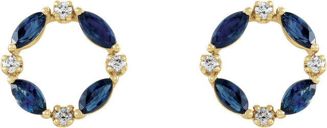 14K Gold Marquise Natural Blue Sapphire & Natural Diamond Accented Circle Earrings – 4x2mm - Yellow Gold - view 2
