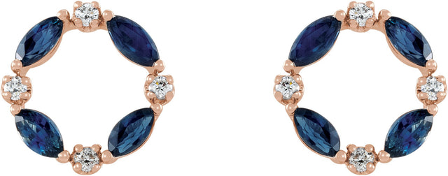 14K Gold Marquise Natural Blue Sapphire & Natural Diamond Accented Circle Earrings – 4x2mm - Rose Gold - view 2