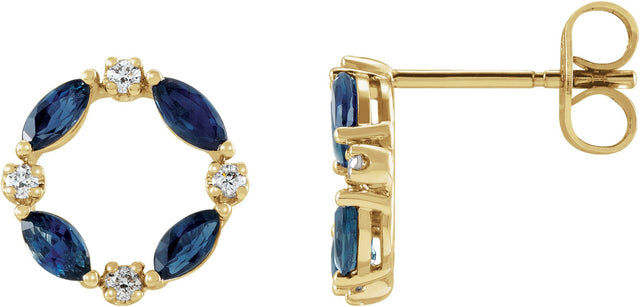 14K Gold Marquise Natural Blue Sapphire & Natural Diamond Accented Circle Earrings – 4x2mm - Yellow Gold