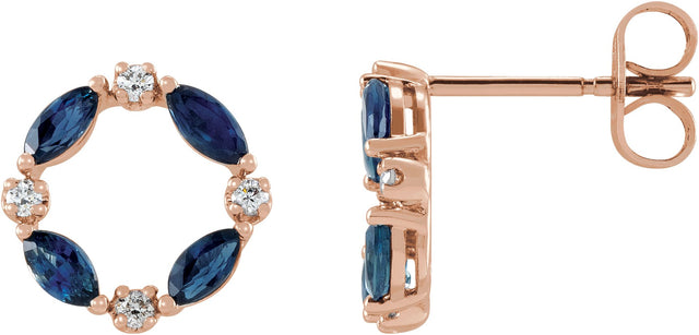 14K Gold Marquise Natural Blue Sapphire & Natural Diamond Accented Circle Earrings – 4x2mm - Rose Gold