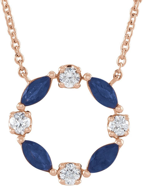 14K Gold Marquise Natural Blue Sapphire & Natural Diamond Accented Circle Necklace - Rose Gold