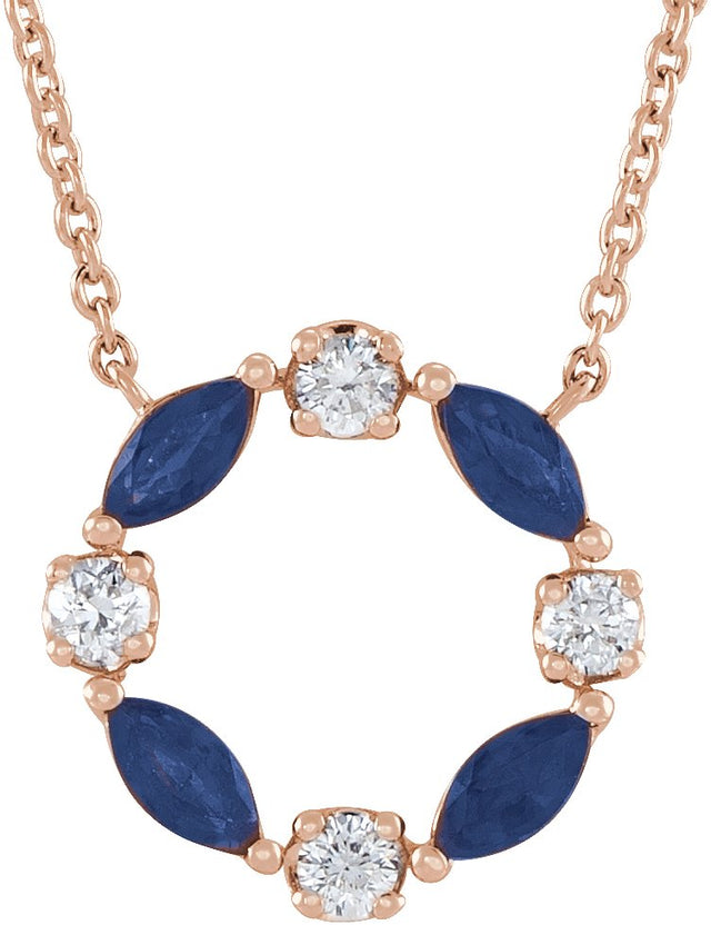 14K Gold Marquise Natural Blue Sapphire & Natural Diamond Accented Circle Necklace - Rose Gold
