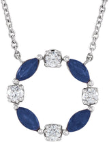 14K Gold Marquise Natural Blue Sapphire & Natural Diamond Accented Circle Necklace - White Gold