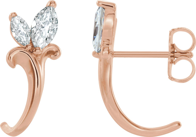 14K Gold Marquise Natural White Sapphire Floral J-Hoop Earrings - Rose Gold