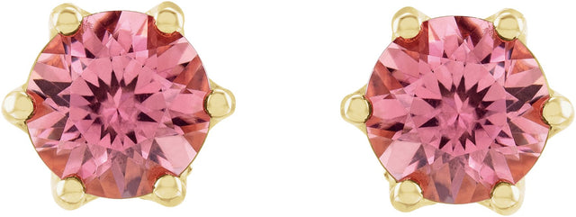14K Gold Natural Pink Tourmaline & Natural Diamond Round 6-Prong Accented Crown Stud Earrings - Yellow Gold - view 2