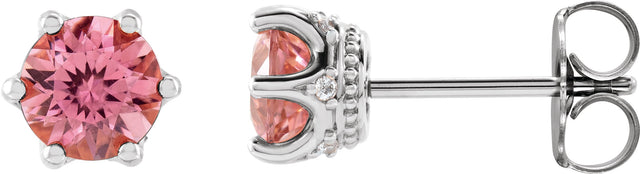 14K Gold Natural Pink Tourmaline & Natural Diamond Round 6-Prong Accented Crown Stud Earrings - White Gold