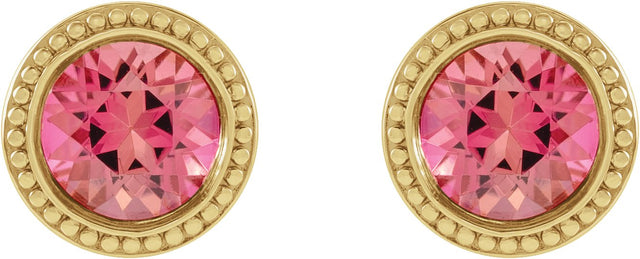 14K Gold Natural Pink Tourmaline Round Bezel-Set Stud Earrings - Yellow Gold - view 2