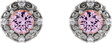 Platinum Natural Pink Tourmaline & Natural Diamond Round 4-Prong Halo-Style Earrings - view 2