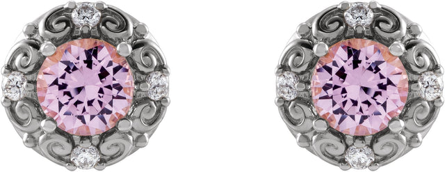 14K Gold Natural Pink Tourmaline & Natural Diamond Round 4-Prong Halo-Style Earrings – 4-6mm Stones - White Gold - view 2