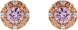14K Gold Natural Pink Tourmaline & Natural Diamond Round 4-Prong Halo-Style Earrings – 4-6mm Stones - Rose Gold - view 2