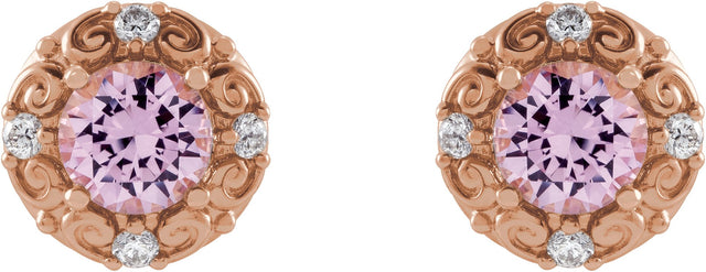 14K Gold Natural Pink Tourmaline & Natural Diamond Round 4-Prong Halo-Style Earrings – 4-6mm Stones - Rose Gold - view 2