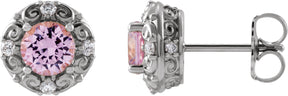 Platinum Natural Pink Tourmaline & Natural Diamond Round 4-Prong Halo-Style Earrings