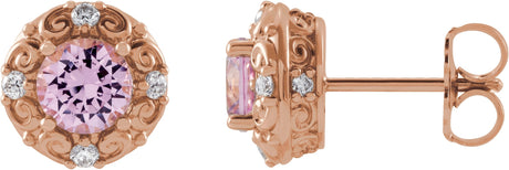 14K Gold Natural Pink Tourmaline & Natural Diamond Round 4-Prong Halo-Style Earrings – 4-6mm Stones - Rose Gold
