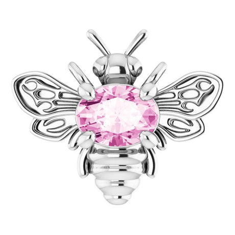 14K Gold Oval Natural Pink Sapphire Bee Necklace - White Gold