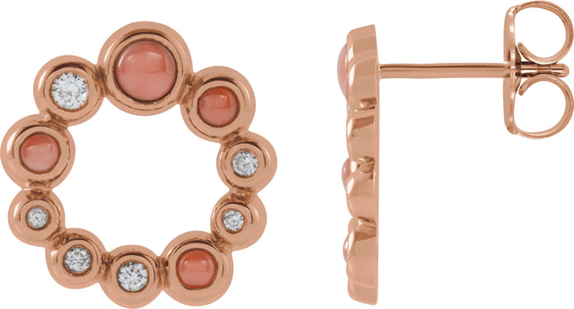 14K Gold Round Natural Pink Coral & Natural Diamond Bezel-Set Cabochon Earrings – 3mm Stones - Rose Gold