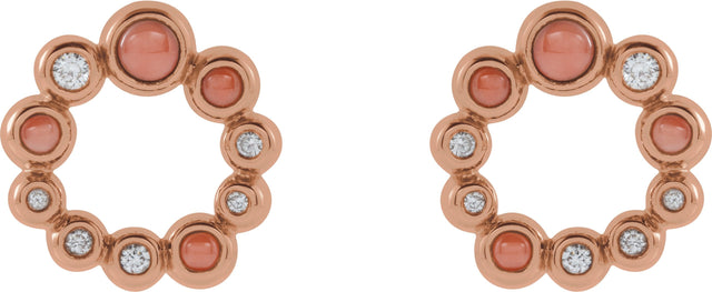 14K Gold Round Natural Pink Coral & Natural Diamond Bezel-Set Cabochon Earrings – 3mm Stones - Rose Gold - view 2