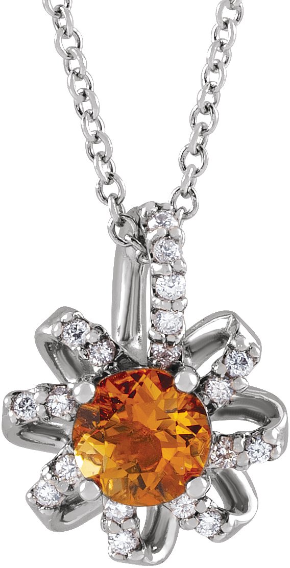 Platinum Round Natural Citrine & Natural Diamond Halo-Style Necklace or Pendant