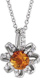14K Gold Round Natural Citrine & Natural Diamond Halo-Style Necklace or Pendant - White Gold