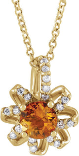 14K Gold Round Natural Citrine & Natural Diamond Halo-Style Necklace or Pendant - Yellow Gold