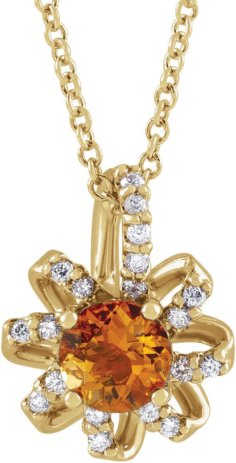 14K Gold Round Natural Citrine & Natural Diamond Halo-Style Necklace or Pendant - Yellow Gold