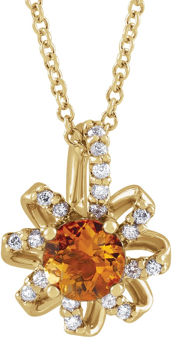 14K Gold Round Natural Citrine & Natural Diamond Halo-Style Necklace or Pendant - Yellow Gold