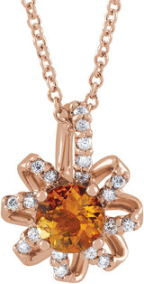 14K Gold Round Natural Citrine & Natural Diamond Halo-Style Necklace or Pendant - Rose Gold
