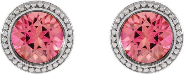 14K Gold Natural Pink Tourmaline Round Bezel-Set Stud Earrings - White Gold - view 2