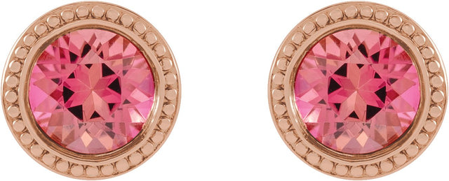 14K Gold Natural Pink Tourmaline Round Bezel-Set Stud Earrings - Rose Gold - view 2