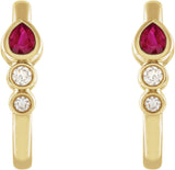 14K Gold Pear Natural Ruby & Natural Diamond Bezel-Set Hoop Earrings - Yellow Gold - view 2